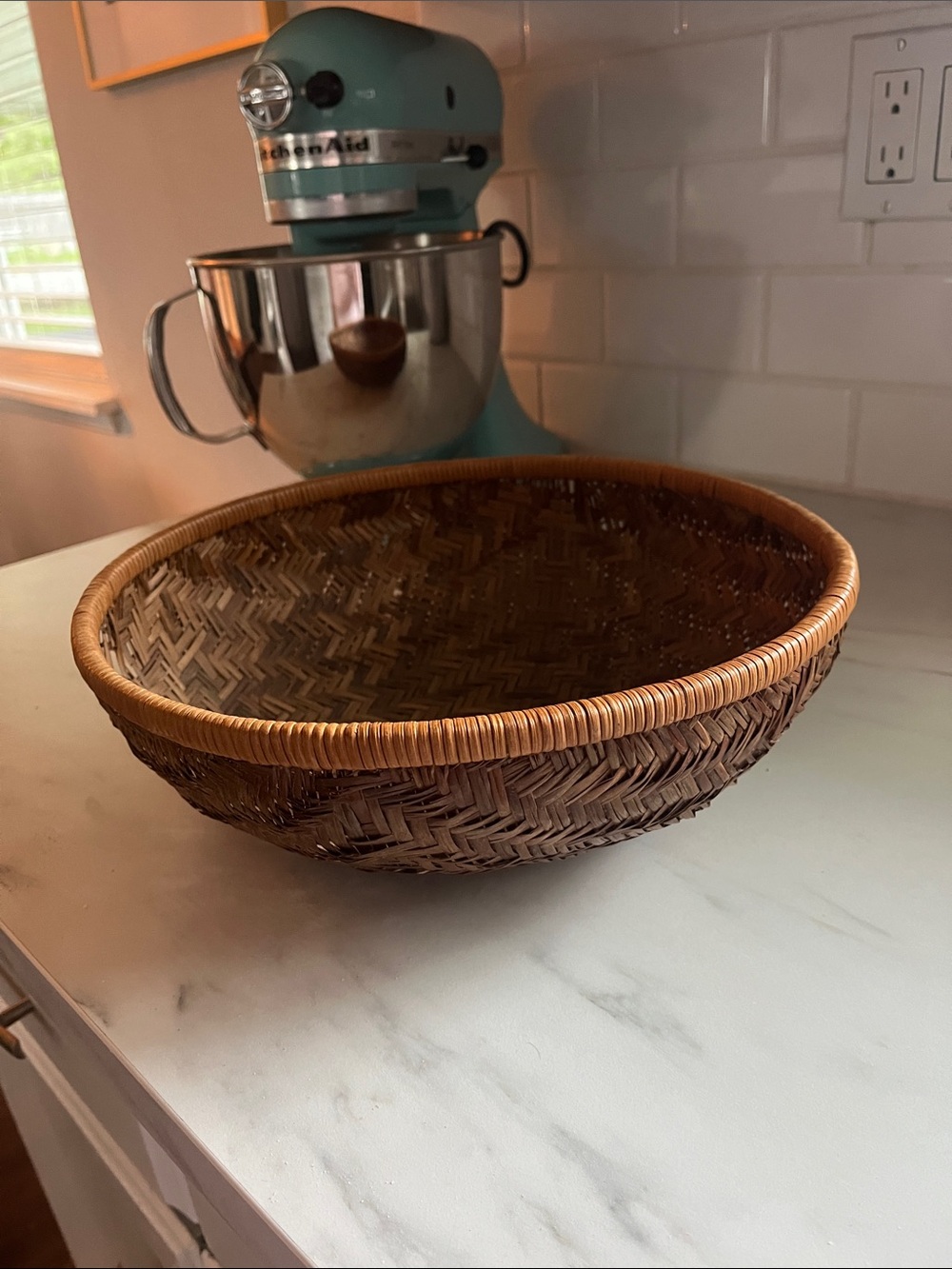 Vintage Woven Rattan Serving Bowl with Wrapped Rim
